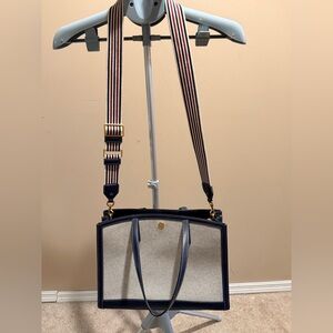 Tory Burch Canvas & Leather Tote Navy Stripe Strap Crossbody Bag